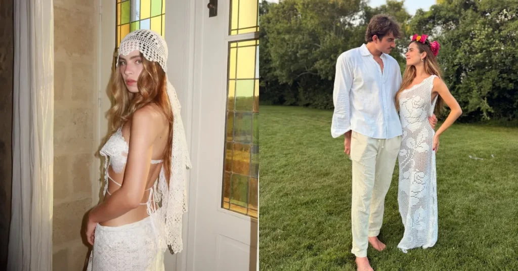 Montagem mostra Giulia Be com vestido branco de crochê e véu, além de registro da cantora ao lado de Conor Kennedy em um jardim