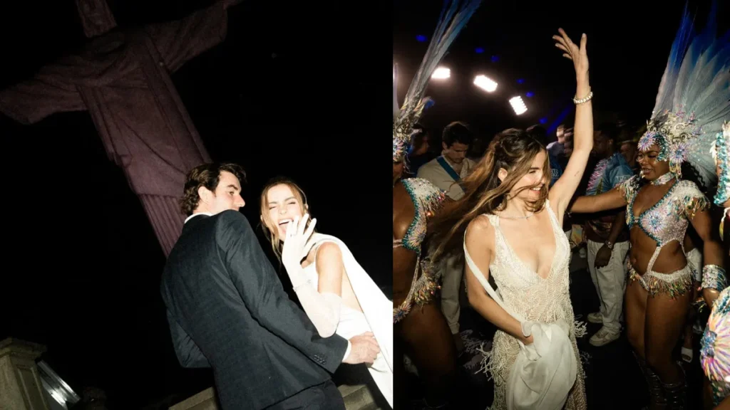Montagem de fotos com Guilia Be e Conor Kennedy durante casamento no Rio