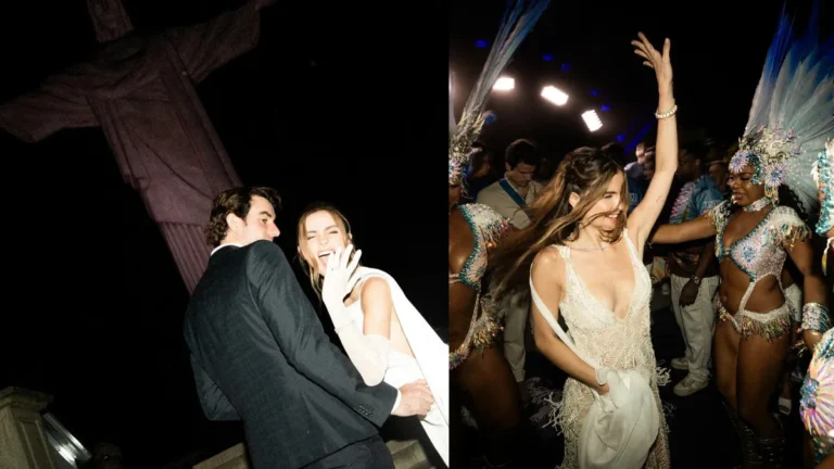 Montagem de fotos com Guilia Be e Conor Kennedy durante casamento no Rio