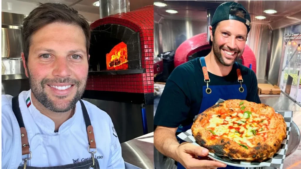 Ex-ator troca a TV para vender pizzas em food truck nos EUA; confira Montagem de fotos de Gustavo Leão trabalhando com Pizzas nos EUA