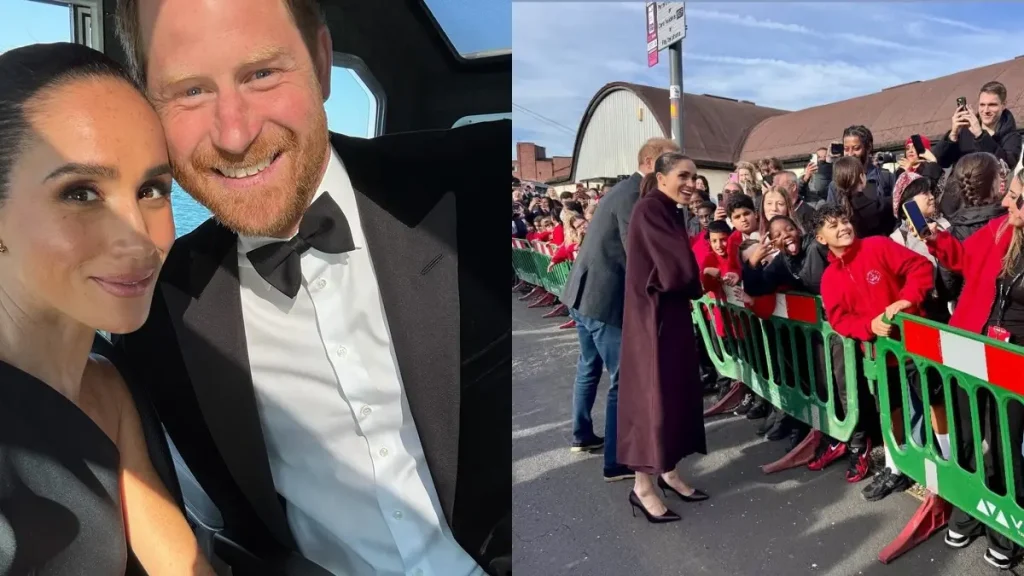 Montagem mostra Meghan Markle e príncipe Harry em selfie e durante encontro com admiradores em Nottingham, na Inglaterra.