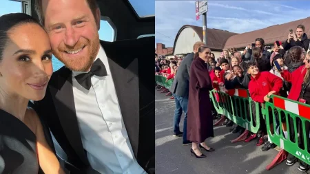 Montagem mostra Meghan Markle e príncipe Harry em selfie e durante encontro com admiradores em Nottingham, na Inglaterra.