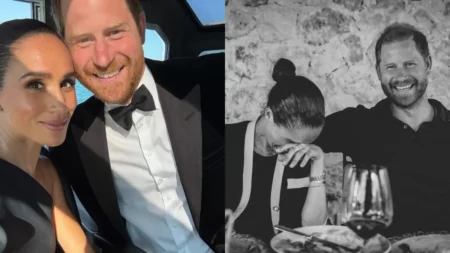 Montagem em preto e branco e colorida de Meghan Markle e príncipe Harry sorrindo juntos em diferentes momentos.