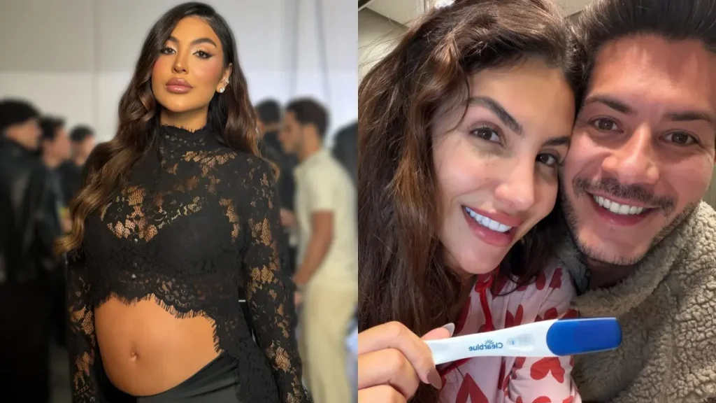 Recém-separada, Jheny Santucci revela nome da filha com Arthur Aguiar; veja reação do ator Montagem reúne Jheny Santucci em registro individual e ao lado de Arthur Aguiar.