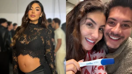 Recém-separada, Jheny Santucci revela nome da filha com Arthur Aguiar; veja reação do ator Montagem reúne Jheny Santucci em registro individual e ao lado de Arthur Aguiar.