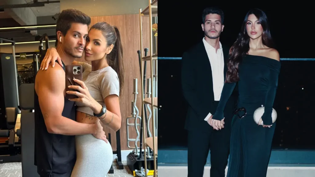 Montagem com fotos de Jheny Santucci e Arthur Aguiar juntos em diferentes ocasiões, incluindo um registro na academia e outro em um evento.