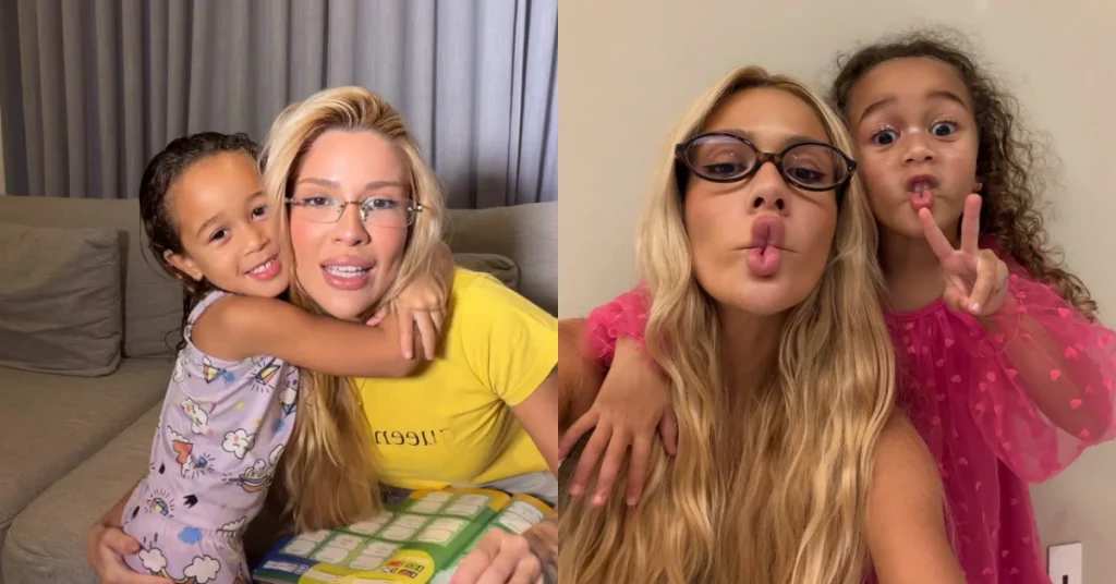 Karoline Lima revela bronca da filha com Militão: ‘Nunca mais você fala isso’ Montagem com duas fotos de Karoline Lima e sua filha Cecília; na primeira, a menina abraça a mãe e, na segunda, as duas fazem caretas para a câmera