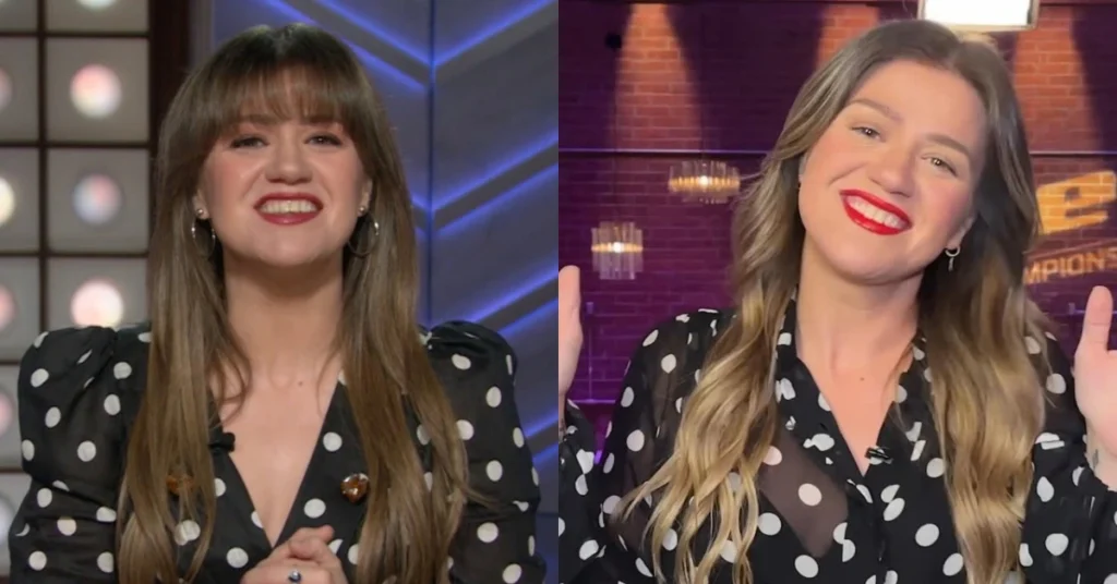 Kelly Clarkson se revolta após ser esnobada em loja: ‘Você é um idiota’ Montagem com duas imagens de Kelly Clarkson sorrindo, usando roupas pretas com bolinhas brancas, em diferentes cenários de televisão