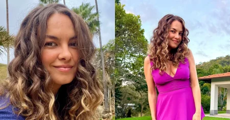 Montagem reúne duas fotos de Lua Blanco ao ar livre, uma em close, com cabelos cacheados soltos, e outra usando um vestido rosa em meio à natureza