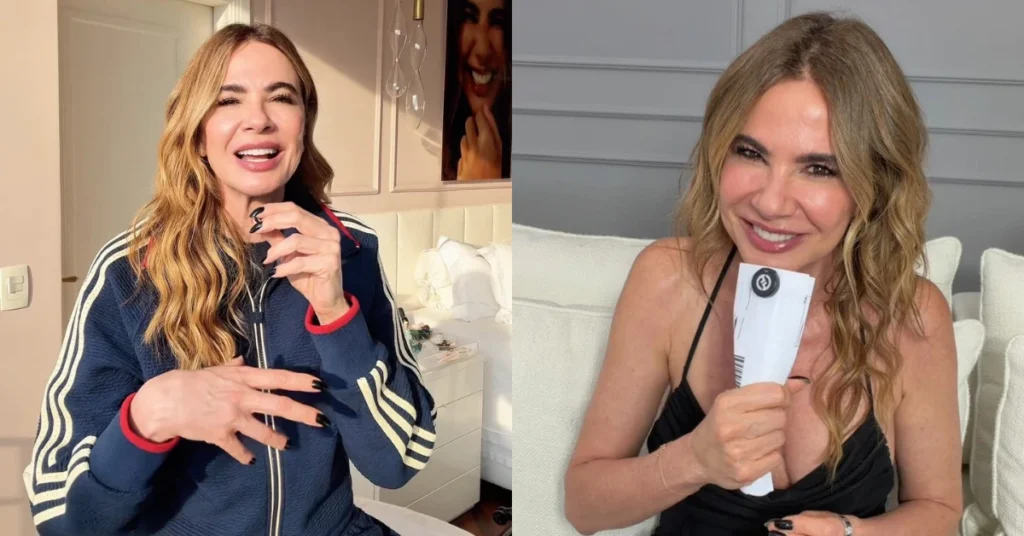 Luciana Gimenez aparece sorrindo em dois registros lado a lado; em um deles, a apresentadora segura um boleto nas mãos