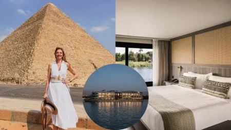 Montagem reúne Luciana Gimenez diante de uma pirâmide no Egito, imagem do cruzeiro de luxo pelo Rio Nilo e o interior de uma suíte com vista para o rio.