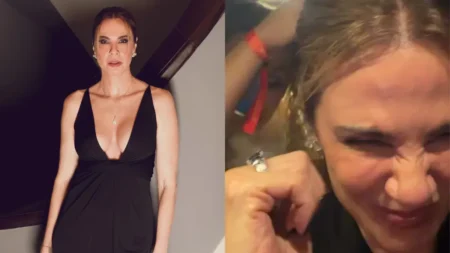 Montagem mostra Luciana Gimenez com vestido preto durante a Festa Masp 2026 e, em registro descontraído, fazendo careta enquanto tenta desembaraçar os cabelos após o evento.