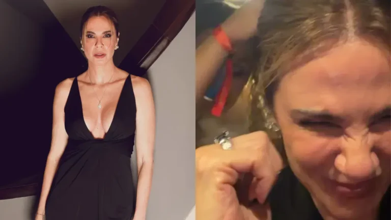 Montagem mostra Luciana Gimenez com vestido preto durante a Festa Masp 2026 e, em registro descontraído, fazendo careta enquanto tenta desembaraçar os cabelos após o evento.