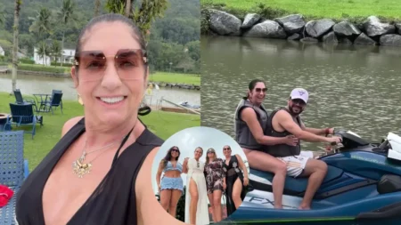 Montagem reúne Margareth Serrão em selfie na mansão de Virginia Fonseca, ao lado de amigas e do namorado, Danilo Nascimento, durante passeio de moto aquática em Mangaratiba, no Rio de Janeiro.