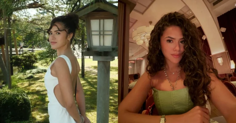 Montagem de Maisa Silva usando vestido branco em um jardim, à esquerda, e vestido verde enquanto posa sentada em um restaurante, à direita