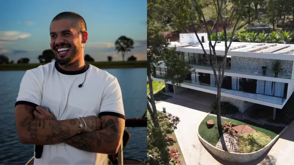 Mansão de Zé Felipe avaliada em R$ 27 milhões é colocada à venda; confira Zé Felipe aparece sorrindo ao lado de imagem da mansão de luxo que pertenceu ao cantor e está à venda por R$ 27 milhões.