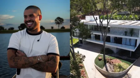 Zé Felipe aparece sorrindo ao lado de imagem da mansão de luxo que pertenceu ao cantor e está à venda por R$ 27 milhões.
