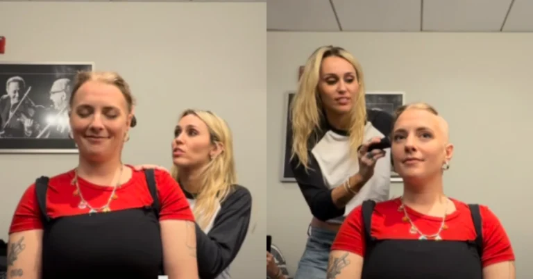 Miley Cyrus emociona ao raspar cabelo de fã com câncer; veja vídeo Montagem mostra Cash Jacobs antes e depois de ter o cabelo raspado por Miley Cyrus, que aparece ao lado da fã segurando uma máquina de cortar cabelo
