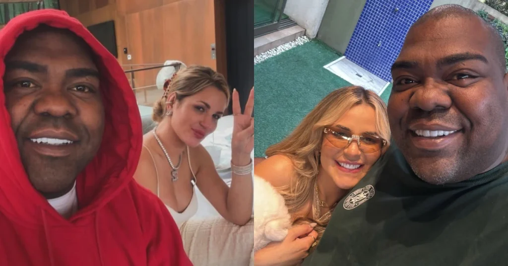 Montagem de duas fotos de Deolane Bezerra e Nego Jader juntos, com o segurança usando moletom vermelho em uma imagem e camiseta verde na outra