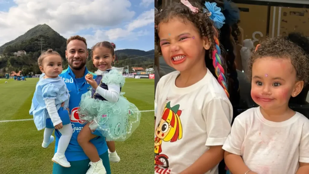 Neymar encanta com flagra de travessuras das filhas: ‘Peguei as duas de segredinho’ Montagem mostra Neymar com as filhas Mavie e Mel em dois momentos: durante visita ao treino do Santos e enquanto as meninas brincam com maquiagem.