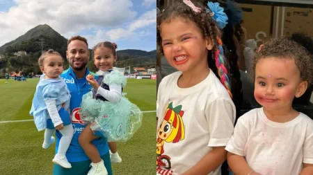 Montagem mostra Neymar com as filhas Mavie e Mel em dois momentos: durante visita ao treino do Santos e enquanto as meninas brincam com maquiagem.
