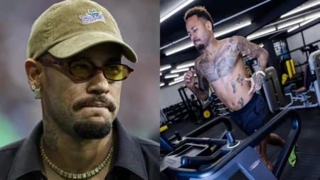 Neymar aparece em dois registros: à esquerda, usando boné, óculos e cavanhaque; à direita, treinando em uma academia sem camisa.