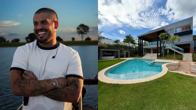 Zé Felipe sorrindo em foto ao lado de imagem de uma mansão moderna em Goiânia, com piscina e ampla área externa.