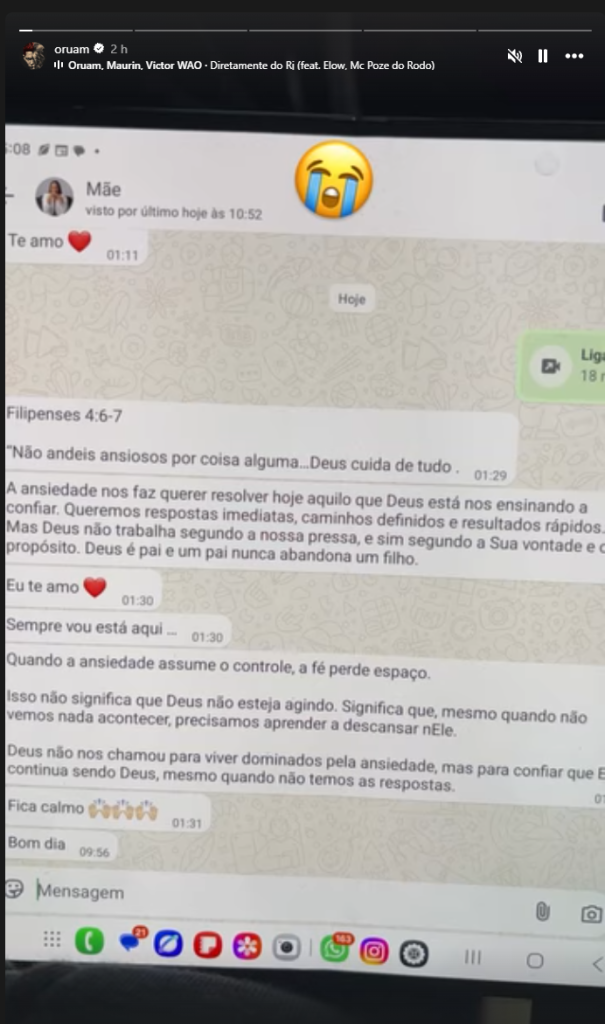 Story de Oruam mostrando as conversas com a mãe