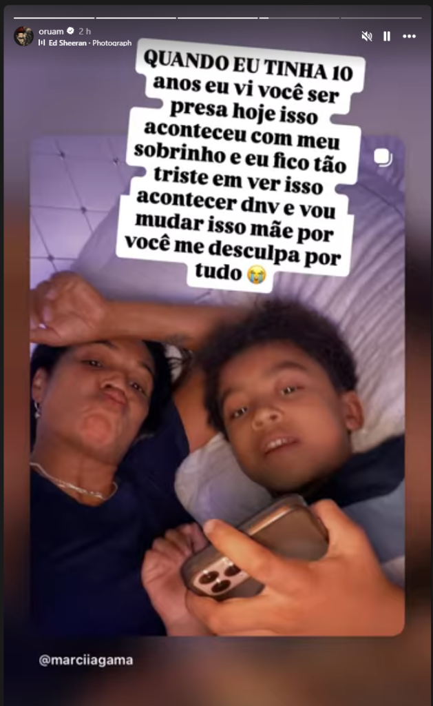 Story de Oruam falando sobre a mãe