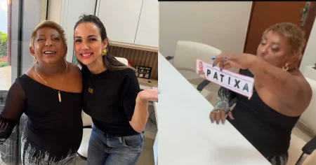 Montagem mostra Patixa Teló sorrindo ao lado de uma mulher e, em outro registro, segurando um cartão com as letras de seu nome durante atividade de alfabetização