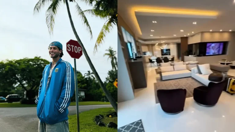 Prédio de luxo de Zé Felipe em Miami conta com imóveis que chegam a R$ 85 mi; confira Montagem mostra Zé Felipe sorrindo na rua, em Miami, ao lado de uma imagem da sala ampla e luxuosa de um apartamento, com sofás claros, poltronas e iluminação embutida no teto.