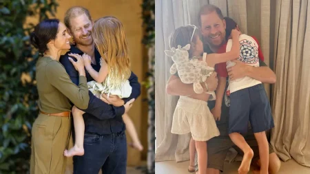 Príncipe Harry revela que volta ao Reino Unido foi tomada às pressas; entenda Montagem com duas fotos do príncipe Harry ao lado de Meghan Markle e dos filhos do casal. À esquerda, a família aparece reunida em um abraço; à direita, Harry sorri enquanto recebe o carinho das crianças.