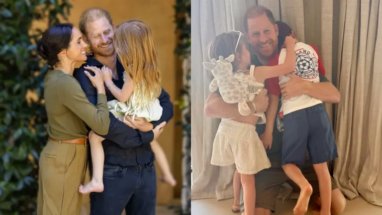 Montagem com duas fotos do príncipe Harry ao lado de Meghan Markle e dos filhos do casal. À esquerda, a família aparece reunida em um abraço; à direita, Harry sorri enquanto recebe o carinho das crianças.