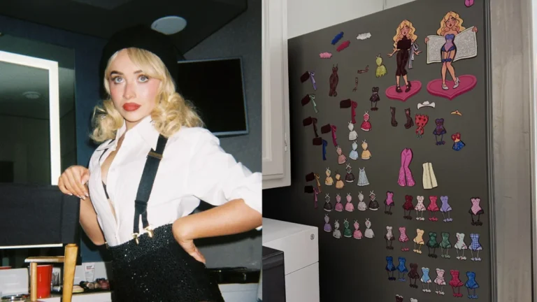 Montagem de fotos com Sabrina Carpenter e a geladeira da cantora com imãs de fã brasileira.