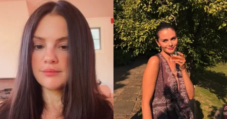 Selena Gomez desabafa sobre vício em nicotina e faz alerta sobre vape: ‘Mudou minha voz’ Montagem mostra Selena Gomez com cabelos soltos em vídeo nas redes sociais e, ao lado, ao ar livre, com cabelos presos e segurando uma taça