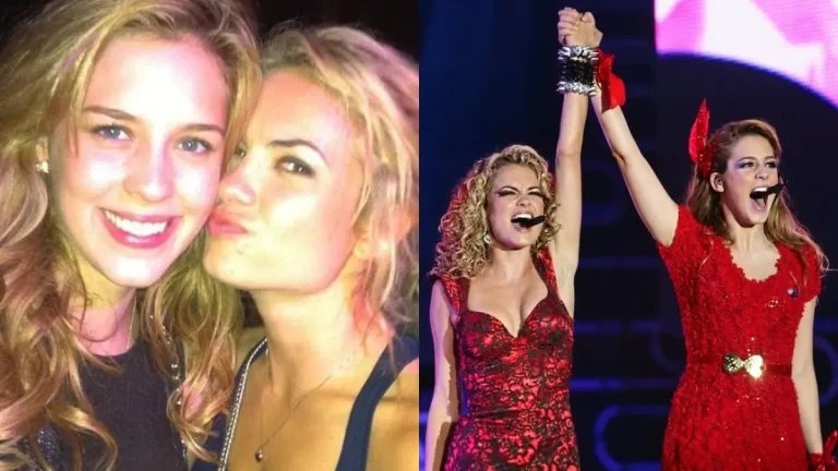 Montagem mostra Sophia Abrahão e Lua Blanco em uma foto juntas e durante apresentação da banda Rebeldes.