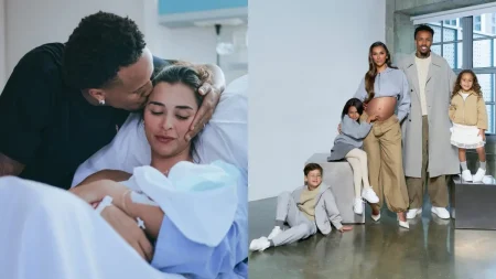 Montagem mostra Tainá ao lado de Éder Militão e dos filhos da família, incluindo o registro do nascimento de Gabriel.