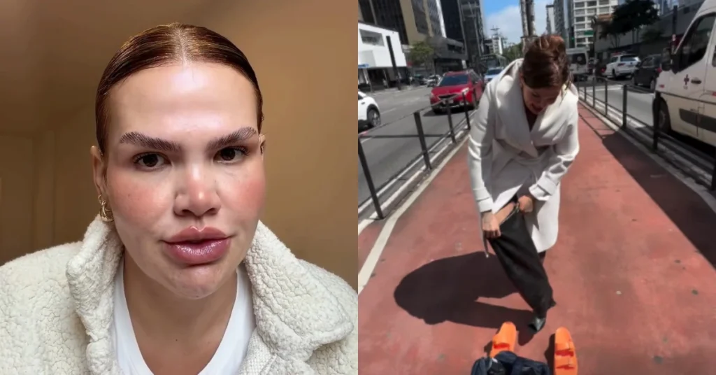 Montagem mostra Thais Carla em primeiro plano e, ao lado, trocando de roupa na ciclovia da Avenida Paulista, em São Paulo