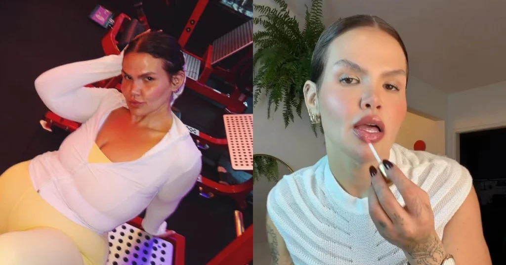 Ex de Thais Carla rebate acusações e dispara: ‘Fui acusado injustamente’ Montagem de Thais Carla sentada em um aparelho de academia e aplicando gloss nos lábios