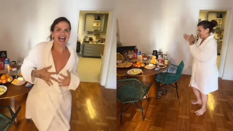 Solteira, Thais Carla dança de roupão ao ganhar surpresa no aniversário de 35 anos Thais Carla aparece de roupão branco em dois momentos da surpresa de aniversário: sorrindo e dançando ao lado de uma mesa de café da manhã preparada para comemorar seus 35 anos.