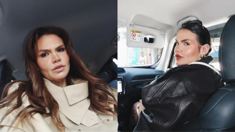 Thais Carla revela que mensagens sobre o ex motivaram término; confira Montagem com duas fotos de Thais Carla, que aparece usando looks diferentes dentro de um carro.
