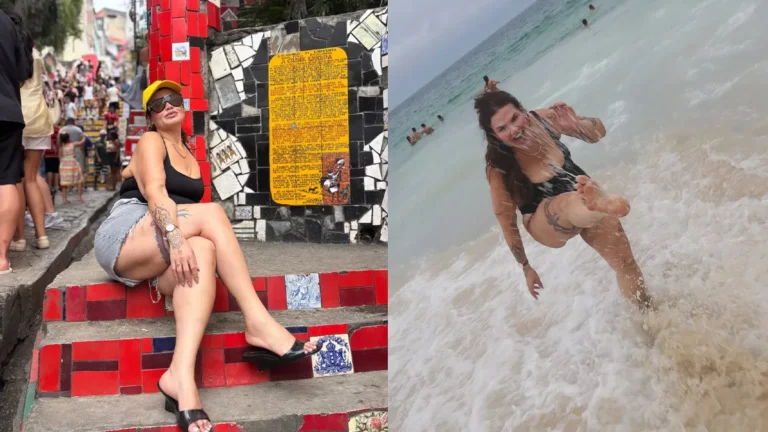 Recém solteira, Thais Carla viaja para o Rio e curte dia de praia; veja Montagem de fotos com Thais Carla no Rio de Janeiro