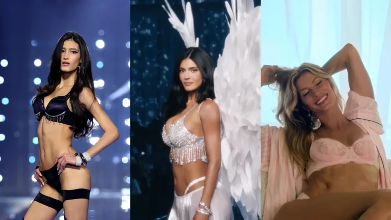 Montagem reúne Luíza Perote, Kylie Jenner e Gisele Bündchen em imagens relacionadas ao desfile da Victoria’s Secret 2026.