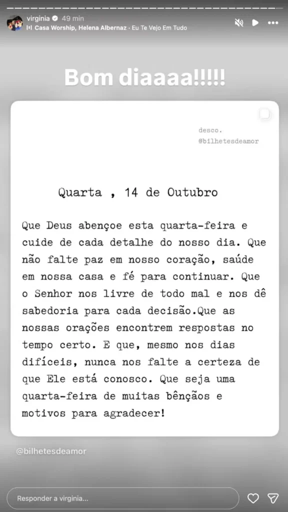 Apresentador revela suposto motivo do término entre Virginia e Vini Jr.; confira 1 irginia Fonseca publica mensagem religiosa nas redes sociais com pedidos de proteção, paz, saúde e sabedoria.