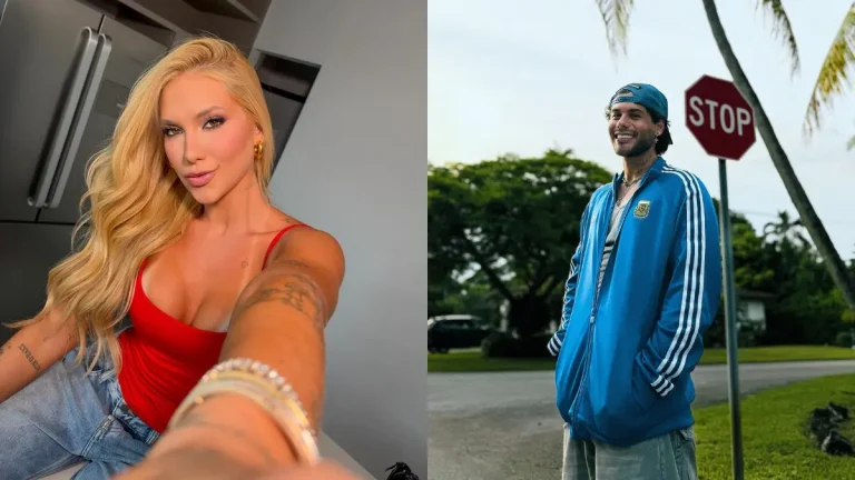 Montagem com Virginia Fonseca, à esquerda, usando blusa vermelha e calça jeans, e Zé Felipe, à direita, vestindo um conjunto esportivo azul.