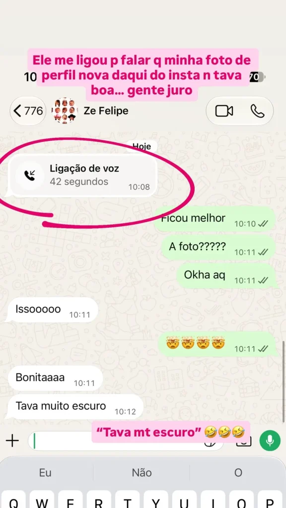 Print da conversa entre Virginia Fonseca e Zé Felipe, em que o cantor comenta que a foto de perfil da ex-mulher estava muito escura e aprova a nova imagem após a troca.