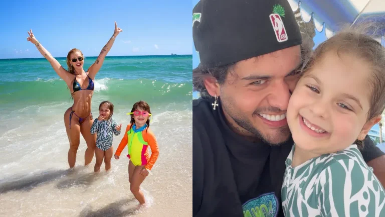 Virginia Fonseca posa com Maria Alice e Maria Flor na praia, enquanto Zé Felipe aparece em selfie carinhosa com uma das filhas.
