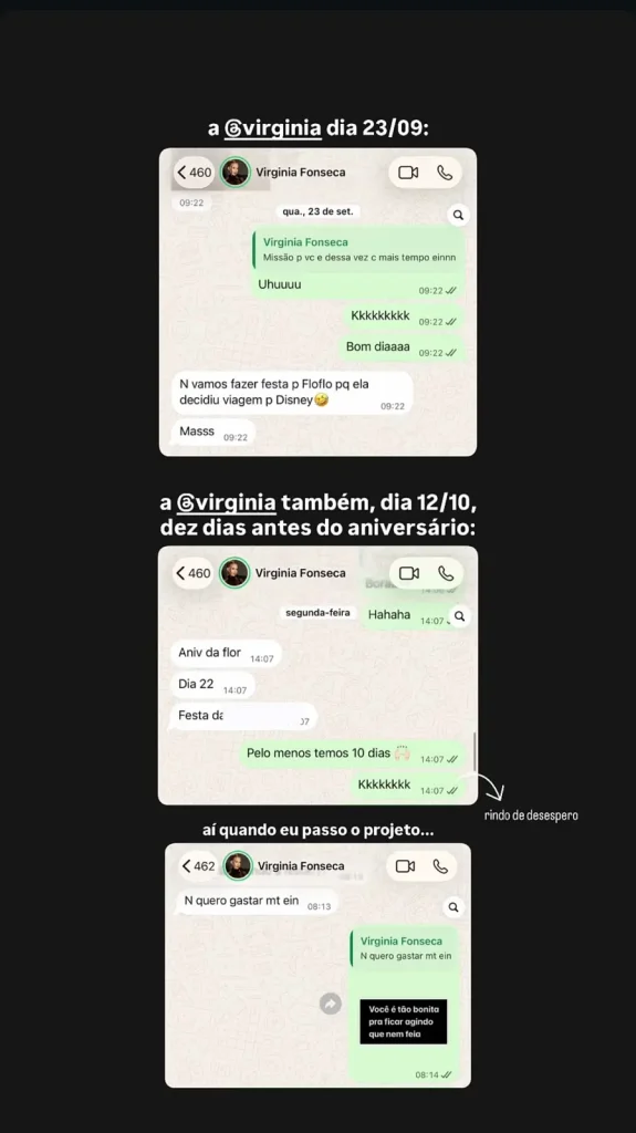 Montagem com capturas de tela de conversas entre Virginia Fonseca e a decoradora Tana Lobo sobre o aniversário de Maria Flor. As mensagens mostram que a menina havia pedido uma viagem à Disney, mas a mãe decidiu organizar uma festa e pediu para não gastar muito.