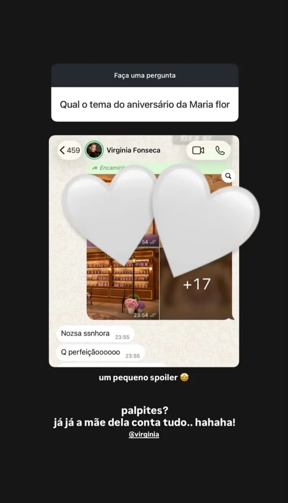 Captura de tela de um story da decoradora Tana Lobo com uma pergunta sobre o tema do aniversário de Maria Flor e imagens de referências para a decoração da festa, acompanhadas de mensagens que antecipam detalhes da celebração.