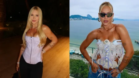 Virginia Fonseca aparece em duas fotos usando looks diferentes, com blusa lilás e calça preta à esquerda e corset branco e jeans à direita, diante de uma paisagem litorânea.